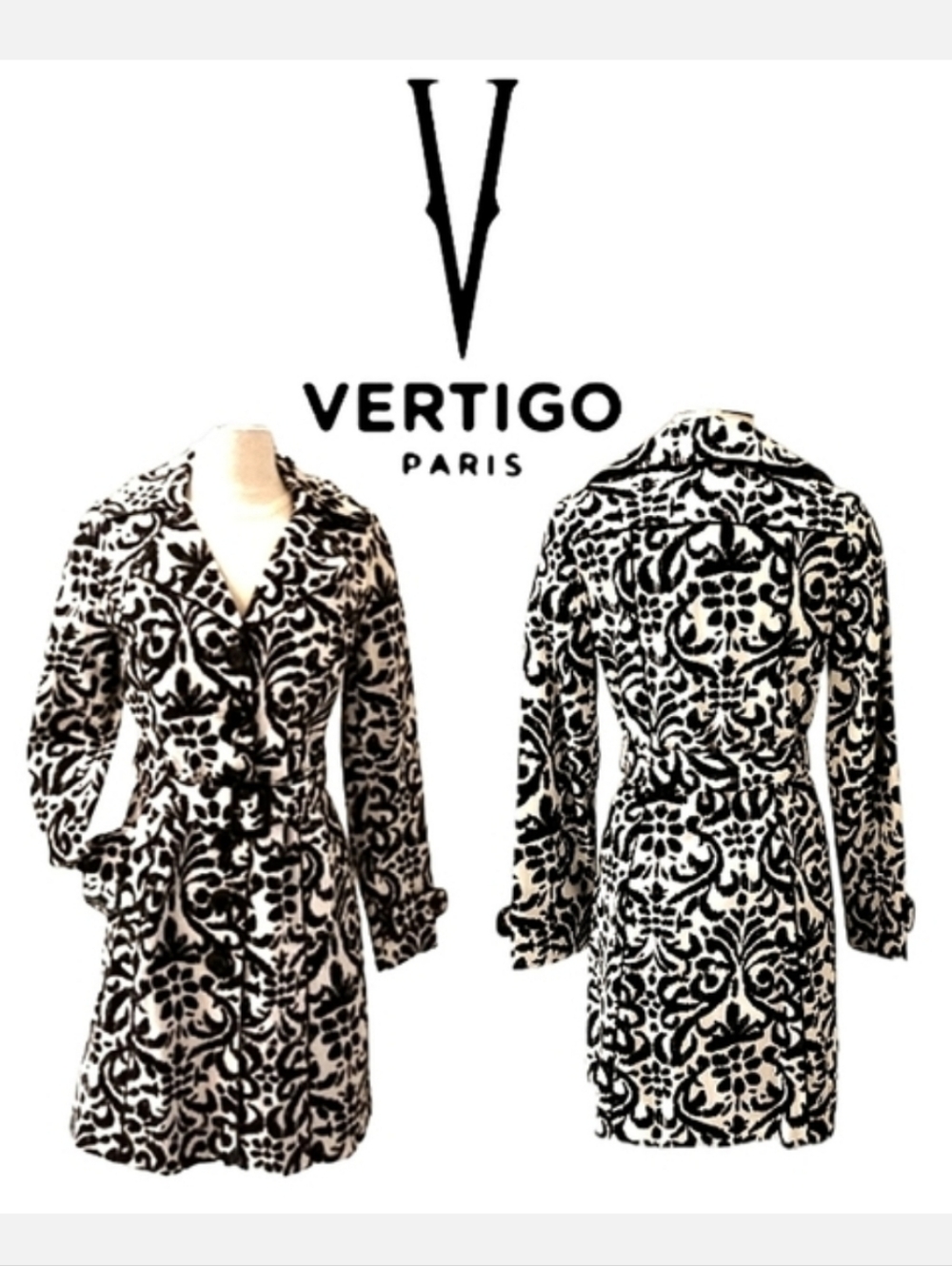 Vertigo Paris Structured Trench Coat Black/White Floral Abstract Print Sz S